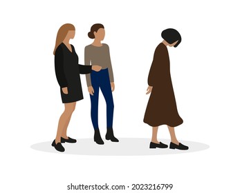 Two female characters look at the leaving sad female character on a white background