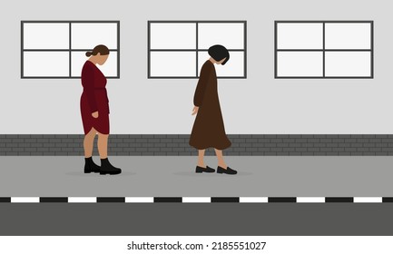 Two female characters with lowered heads walk along the sidewalk