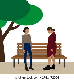 Two female characters near a wooden park bench