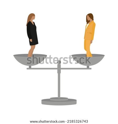 Two female characters on different scales on a white background