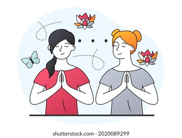 Two female characters on spiritual therapy for body and mind with harmony yoga practice. Concept of holistic healing self treatment with peaceful meditation. Flat cartoon vector illustration