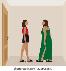 Two female characters, one of which is fat, together in an empty room