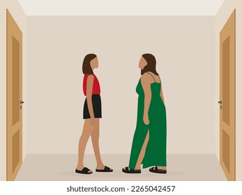 Two female characters, one of which is fat, together in an empty room with two closed doors