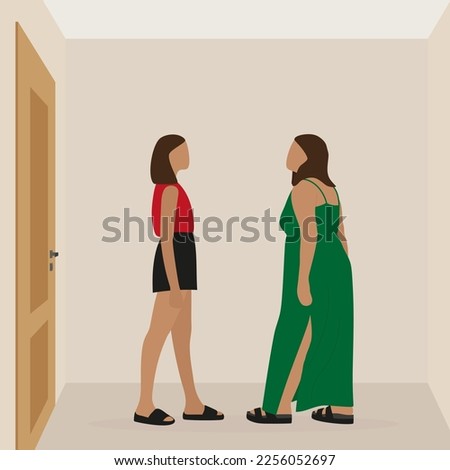 Two female characters, one of which is fat, together in an empty room