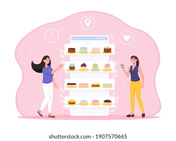 Two female characters are ordering cakes online. Woman holding smartphone with cake shop application to order cake. Sweet bakery order and delivery internet service. Flat cartoon vector illustration