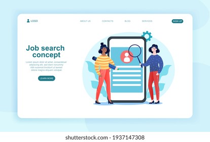 Two female characters are searching for job. Women standing next to smartphone with magnifier and pencil looking for work. Website, web page, landing page template. Flat cartoon vector illustration