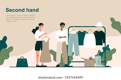 Two female characters are second hand shopping together. Young women trying on diverse secondhand clothes in a shop. Website, web page, landing page template. Flat cartoon vector illustration