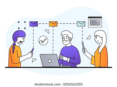 Two female characters sending messages to managers laptop on white background. Man and women are delivering emails at the office. Mobile app for online mailing. Flat cartoon vector illustration