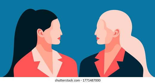 Two female characters, side view, face to face. Girls with long black and blonde hair, wearing different jackets. Vector illustration