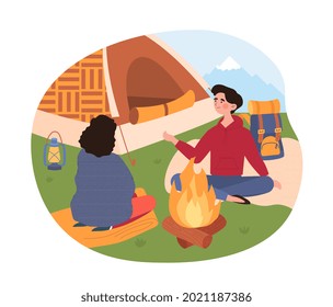 Dos personajes femeninos están sentadas y calentándose cerca de una fogata. Concepto de gente turística haciendo senderismo, acampando y relajándose en las vacaciones de verano. Ilustración vectorial de dibujos animados planos