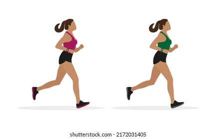 Two female characters in sportswear running on a white background