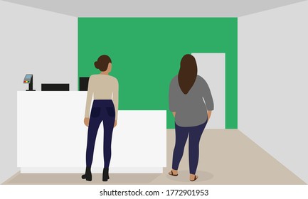 Two female characters stand in a room near a table with a terminal for payment and wait for an employee