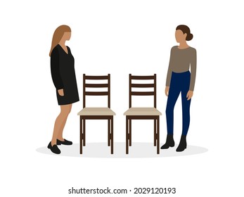 Two female characters are standing near free chairs on a white background