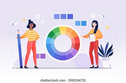 Two female characters are standing next to color wheel scheme. Creative designers picking color palette and creating color harmony for art project. Flat cartoon vector illustration