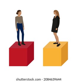 Two female characters are standing on large cubes on a white background