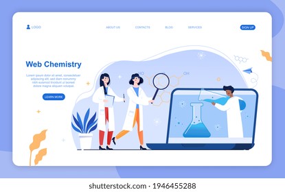 Two female characters are studying chemistry online on webinar or course. Concept of science equipment, chemical education. Website, web page, landing page template. Flat cartoon vector illustration
