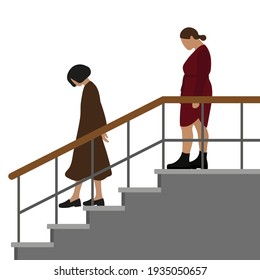 Two female characters with their heads bowed down the stairs