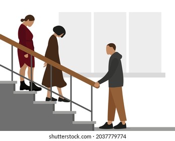 Two female characters with their heads bowed descend the stairs while a male character stands and waits