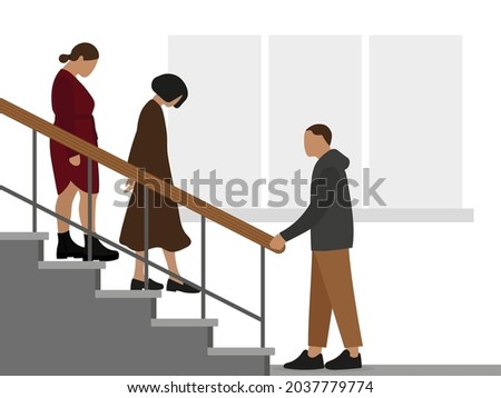 Two female characters with their heads bowed descend the stairs while a male character stands and waits