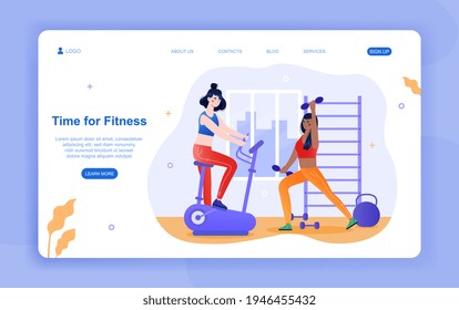Two female characters working out in a gym together. Woman exercising on bike with smart tech. Concept of healthy lifestyle. Website, web page, landing page template. Flat cartoon vector illustration