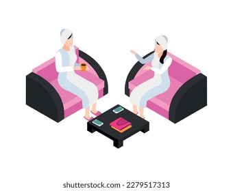 Two female clients talking with cup of coffee at beauty salon 3d isometric vector illustration