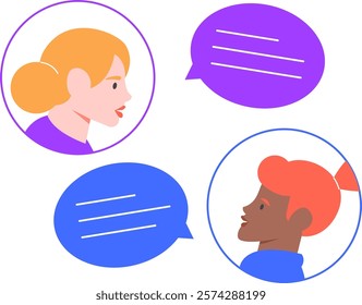 Two female colleagues are communicating using a messaging app, sending and receiving text messages, symbolizing online communication and teamwork in a business setting