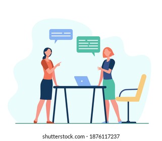 Two female colleagues discussing work. Laptop, team, speech bubble flat vector illustration. Business and communication concept for banner, website design or landing web page