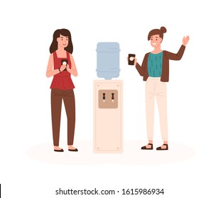 Two Female Colleagues Having Friendly Conversation Standing Near Water Cooler Vector Flat Illustration. Smiling Cartoon Office Workers Drinking From Dispenser And Chatting. Coffee Break At Workspace.