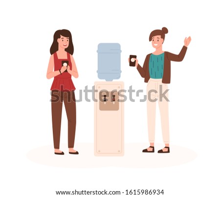 Two female colleagues having friendly conversation standing near water cooler vector flat illustration. Smiling cartoon office workers drinking from dispenser and chatting. Coffee break at workspace.