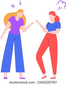 Two female colleagues having a heated discussion, gesturing with hands and expressing their disagreement, one of them is getting angry, conflict and confrontation concept