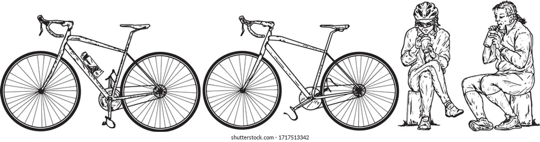 Two female cyclist taking a rest after a road trip on their bicycle. Hand drawn vector illustration.