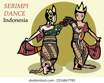 Two female dancer dancing Serimpi Mandrarini dance with traditional dress from Surakarta City, Indonesia. Dancer character anime vector illustration design with background.