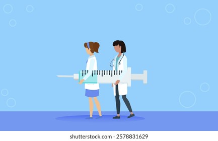 Two female doctors are carrying a giant syringe, representing vaccination and healthcare, in this vector illustration