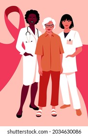 Two female doctors and a patient are standing in full length with pink ribbons. Prevention of oncological diseases and breast cancer. Vector flat illustration