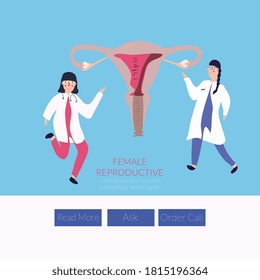 Two female doctors talk about a woman's reproductive system. Website page. Medicine, women's health concept.