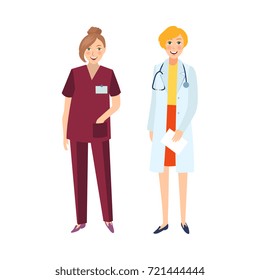 Two female doctors, therapist in white coat and nurse in medical gowns, hospital staff, flat cartoon vector illustration isolated on white background. Flat cartoon female doctor and nurse