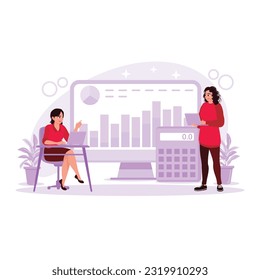 Two female employees do financial, tax, statistical, and accounting calculations using laptops and calculators. Trend Modern vector flat illustration.