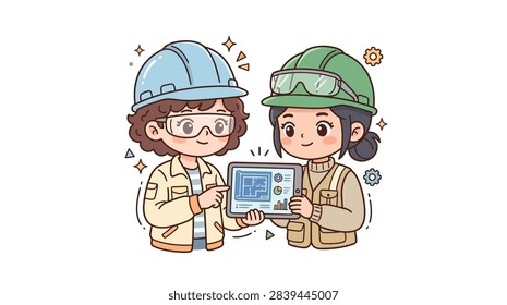 ['Two female engineers wearing hard hats and safety gear reviewing blueprints on a digital tablet together']