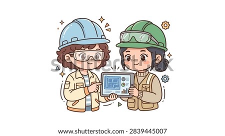 ['Two female engineers wearing hard hats and safety gear reviewing blueprints on a digital tablet together']