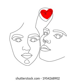 Dos caras femeninas dibujadas con una línea continua. Retratos abstractos minimalistas de mujeres hermosas. Concepto moderno de moda. Esbozo negro y corazón rojo sobre fondo blanco