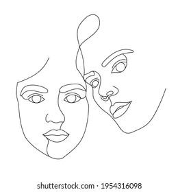 Two female faces drawn with one continuous line. Minimalistic abstract portraits of beautyful women. Modern fashion concept. Black sketch on white background