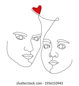 Dos caras femeninas dibujadas con una línea continua. Retratos abstractos minimalistas de mujeres hermosas. Concepto moderno de moda. Esbozo negro y corazón rojo sobre fondo blanco