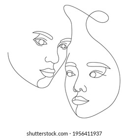 Two female faces drawn with one continuous line. Minimalistic abstract portraits of beautyful women. Modern fashion concept. Black sketch on white background