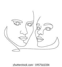 Two female faces drawn with one continuous line. Minimalistic abstract portraits of beautyful women. Modern fashion concept. Black sketch on white background