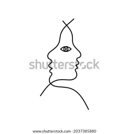 Two female faces. Poster with line profile. Abstract heads of beautiful girls isolated on  white background. Vector minimal illustration