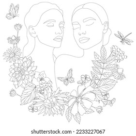 Two female faces in the style of one line art with flowers and leaves. Continuous linear art in an elegant style for prints, tattoos, posters, textiles, postcards.