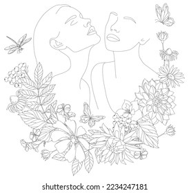 Dos caras femeninas al estilo de una línea de arte con flores y hojas. Arte lineal continuo en un estilo elegante para impresiones, tatuajes, afiches, textiles, postales.