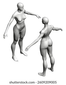 Two female figures are shown in a white background. One of them is holding the other's hand. Concept of connection and intimacy between the two figures. Isometric view. 3D