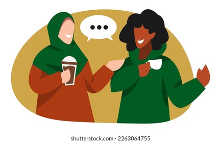 two female friends chatting over coffee. hijab muslim women, african american women. concept of cafe, chatting, meeting, people. flat vector graphic design.