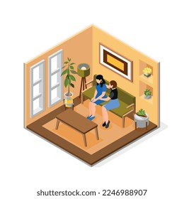 Two female friends colored and isometric composition friend supports her significant other vector illustration